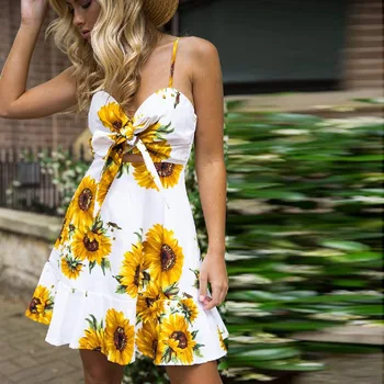2020Summer Sunflower Dress Women Party Dress Plus Size Flower Beach Dress Female Floral без гръб Midi Шарени Dress Ladies 3XL