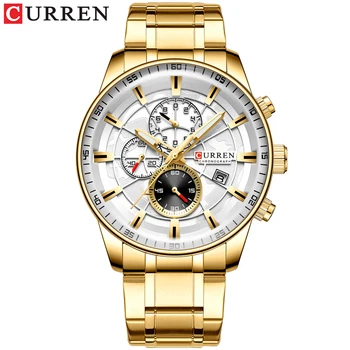 CURREN Златен хронограф кварцов мъжки часовник от неръждаема стомана дата на ръчни часовници Часовници мъжки светлинна мода часовници Relogio Masculino