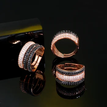 CWWZircons регулируем размер на 3 пласта черен бял КАМЪК камък 585 rose gold цвят на отворен пръстен дамски сватба сватбени декорации R165