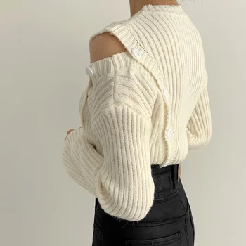 Gagaok women Office Lady вязаный пуловер 2020 пролет есен нова О-образно деколте пълен копчета пуловери плътен тънък и шик ретро пуловер k4002