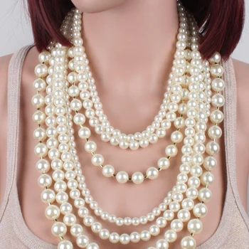 Moon Girl Fashion Pearl jewelry display choker big изявление колие многопластова имитация на перли дълго колие женски аксесоари