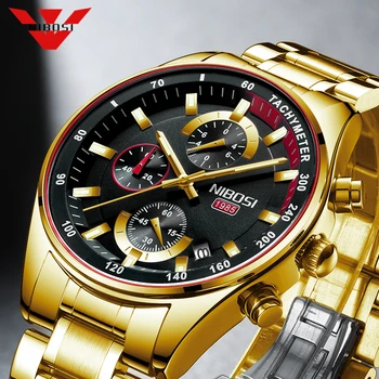 NIBOSI Gold мъжки часовник Military Luxury Brand Watch Мъжки кварцов часовник от неръждаема стомана Fashion Chronograph Watch Relogio Masculino
