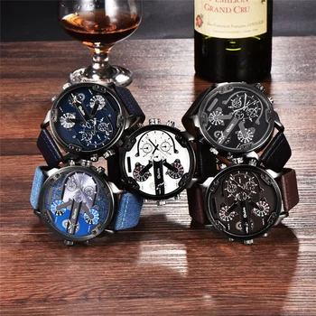 Oulm Men Top Brand Luxury Japan Movt кварцов часовник 2 часови пояс ежедневни часовници 5.5 cm Big Face Male ПУ ръчен часовник Relojes Hombre