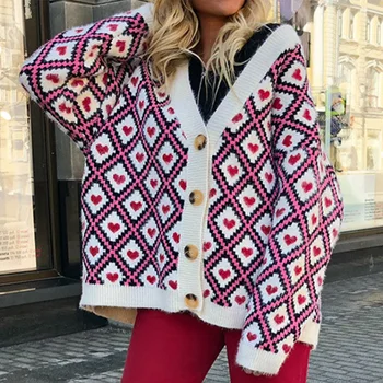 QUEVOON големи жени пуловер Argyle сърцето печат възли жилетки женски един Breastesd V-образно деколте пот зимна мода топ