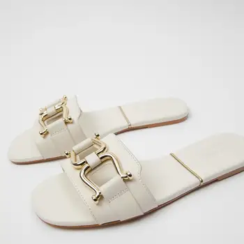 SOUTHLAND 2020 Нов Дамски обувки метални орнаменти дизайн коровья кожа плоски сандали Дамски летни чехли