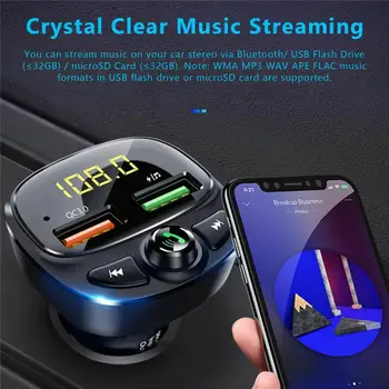 Безжична автомобилен Bluetooth 5.0 FM трансмитер MP3 Music U Disk Dual USB Fast QC 3.0 Charger Adapter Hand-free Call LCD Auto Charger