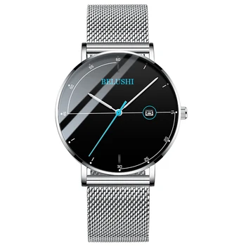 Белуши classic стоманена мрежа кварцови часовници мъжки часовници с ултра тънък корпус 30 м водоустойчив часовник прост мода бизнес мъжки часовник