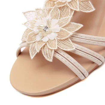 Дамски богемные етнически сандали SNURULAN Бохемска; сандали на танкетке с шнур с цветя модел и джапанки на щиколотках; обувки в римски стил
