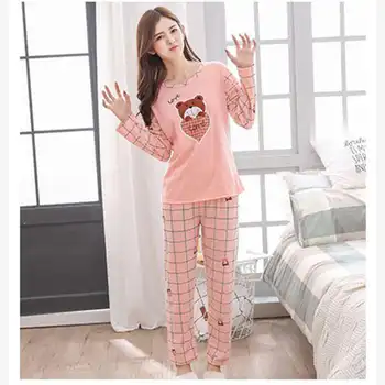 дамски пижами набор от сладък картун печат дами с дълги ръкави и панталони в свободното време, дрехи, комплекти голям размер удобни пижами костюм мм