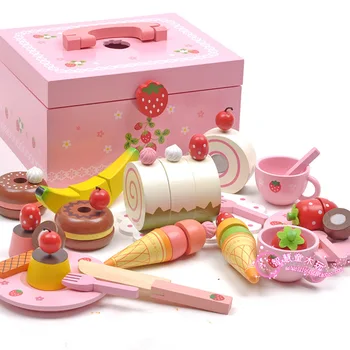 Дървена имитация Детска игра дома играчки, торта за рожден ден следобеден чай и плодове и зеленчуци нарежете и Happy Meal Набор от кухненски аксесоари