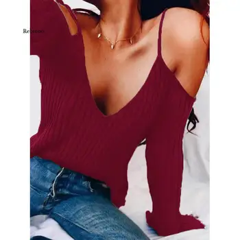 Есен жените секси с рамо възли върховете V-образно деколте колани женски тънък пуловер с дълги ръкави чист цвят нисък силует на ежедневните пуловери