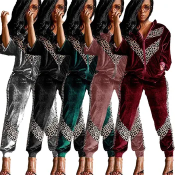 Есен-зима velvet женски спортен костюм комплект Бегач комплект от две части-панталон и топ леопардовое мозайка нощно клуб облекло, спортно облекло