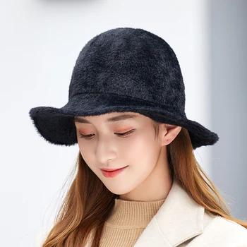есен-зима на мода имитация на норка големи полета с рибарска шапка жени кадифе загрява кофа с шапка сгъваема универсална твърди слънцезащитен капачка