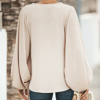 Есен шифон V-образно деколте и свободни блузи жени плътен фенер с дълъг ръкав ежедневна блуза дамски 2021 нова лятна мода Дамски дрехи