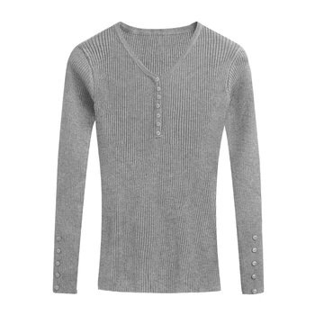 Есента и зимата е плътен цвят дъното на жените пуловер с V-образно деколте пуловер пуловер жена с дълги ръкави и тънък нов стил върховете LJ0907