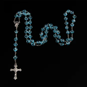 Католическата колие с кръст от четок ръчно изработени сини диаманти. Дълъг кръст на Исус Христос на кръст, католически мъниста бижута. 8мм. 48 броя