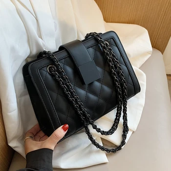 Малка черна изкуствена кожа Crossbody чанта за жени 2021 зима маркова верига за дизайнерски чанти за рамо дамски тенденция чанта