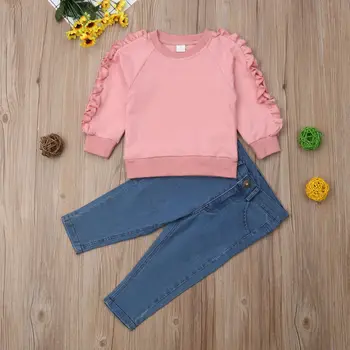 Мода Baby Girl пристрастие комплект дрехи за есен/зима на топло твърда розова блуза, потник+дънкови панталони дете деца ежедневни облекла комплект 1-6Y