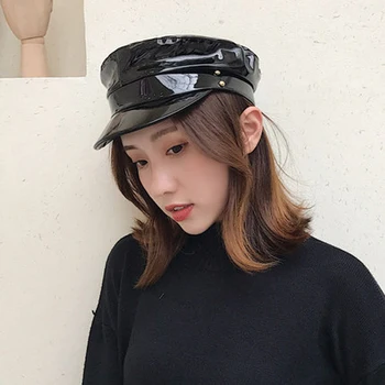 Нова мода военни шапки високо качество дами Cap плътен цвят плосък топ Hat изкуствена кожа кости капитан на жената есен барети