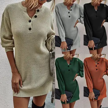 Обличам пуловер бутон вязаная туника топ пуловер женски дами на улицата дрехите на жената зимен пуловер комплект дрехи v образно деколте пуловер