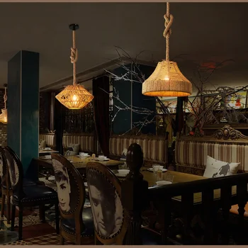 Окачен таван лампа ретро промишленост въже конопляная облекло Hotpot ресторант бар интернет кафе светлина декоративна трапезария полилей