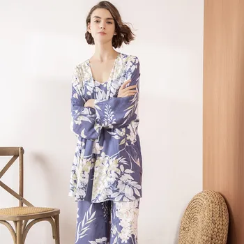 Памук, вискоза дами от три части пижама комплект за жени пролет и есен удобен мек домашен костюм халати за баня с панталони пижама комплект