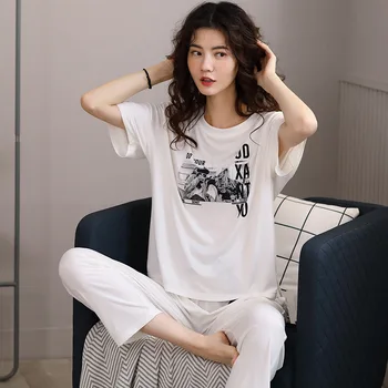 Пижамные комплекти за жени с къс ръкав от дантела O образно деколте елегантни жилетки и Дамски пижами корейски стил на печатни свободен просто случаен сън