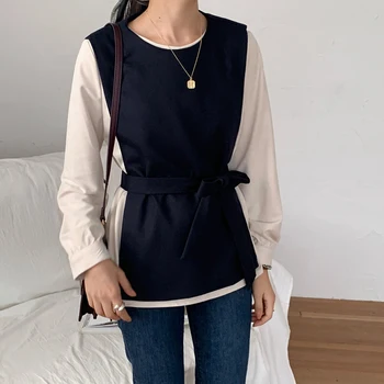 Плътен кръгъл отвор жилетка дамска мода нередовни дантела-up жилетка без ръкави дами корейски двухсекционный тънка жилетка с цип жени 2020