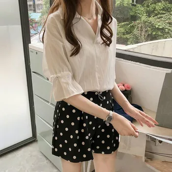 Ризи Дамски елегантни Ulzzang Harajuku Soft All-match пролет лято корейски стил с къс ръкав ивица Свободна ежедневни дамски дрехи
