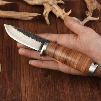 Ръчно изработени Дамасский ловен нож открит къмпинг ножове с фиксирано острие Bushcraft survival tool кожена дръжка тактическа фаса обвивка