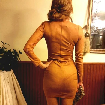 С Дълъг Ръкав, Тънък Party Dress Club Sexy Brown Vestido Дамски Зимни Рокли Кайли Jenner Skin Tight Изкуствена Suede Bodycon Dress