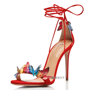 Сандали жени пеперуда на цвете декорация на високи токчета парти рокля обувки жена каишка на щиколотке zapatos de mujer Гладиаторски сандали