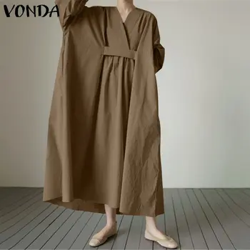 Твърди Dress есен с дълъг ръкав Dress жени Drawstring сарафан 2021 VONDA елегантни ежедневни Maxi Vestidos женски срещу врата халат S-5XL