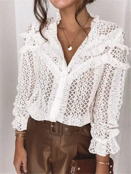 ХРОНОСТИЛЬ Дамски ризи дантела блуза Vintage выдалбливают женски V-образно деколте OL Top See Through ежедневно с дълъг ръкав накъдрен блуза, риза