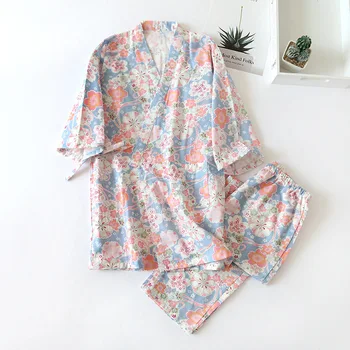 Японски стил кимоно памук свеж стил пижами костюм женски случайни пролет и лято пижами пижама от две части за домашно обслужване